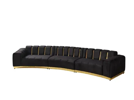 Black Velvet Curved Three Piece Sectional With Toss Pillows
