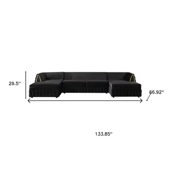 Black Velvet U Shaped Sofa and Chaise Sectional With Toss Pillows