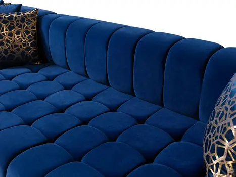 Blue Velvet U Shaped Three Piece Sofa and Chaise Sectional With Toss Pillows