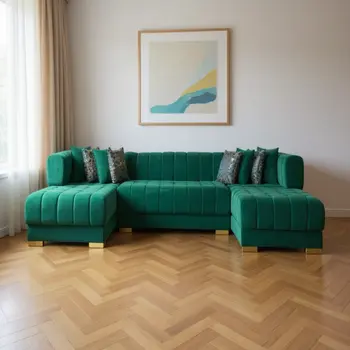 Green Velvet U Shaped Three Piece Sofa and Chaise Sectional With Toss Pillows
