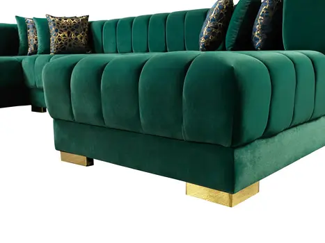 Green Velvet U Shaped Three Piece Sofa and Chaise Sectional With Toss Pillows