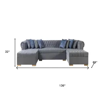 Gray Velvet U Shaped Three Piece Sofa and Chaise Sectional With Toss Pillows