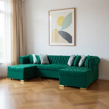 Green Velvet U Shaped Three Piece Sofa and Chaise Sectional With Toss Pillows