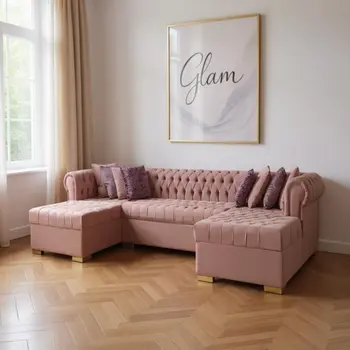 Pink Velvet U Shaped Three Piece Sofa and Chaise Sectional With Toss Pillows