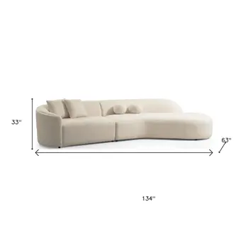 Ivory Boucle Modular Curved Two Piece Sofa and Chaise Sectional With Toss Pillows