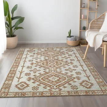 5' X 8' Burnt Sienna And Beige Geometric Washable Area Rug With UV Protection
