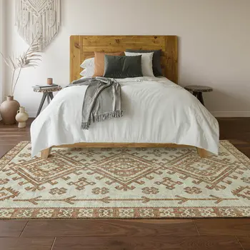 5' X 8' Burnt Sienna And Beige Geometric Washable Area Rug With UV Protection