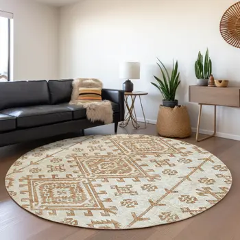 8' Burnt Sienna And Beige Geometric Washable Round Rug With UV Protection