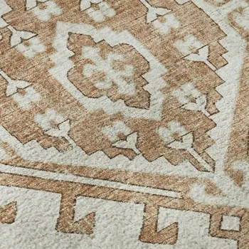 8' Burnt Sienna And Beige Geometric Washable Round Rug With UV Protection