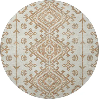 8' Burnt Sienna And Beige Geometric Washable Round Rug With UV Protection