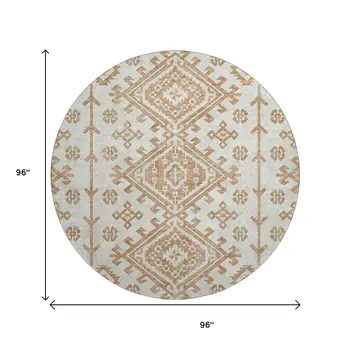 8' Burnt Sienna And Beige Geometric Washable Round Rug With UV Protection