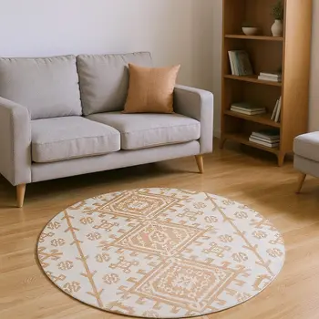 8' Burnt Sienna And Beige Geometric Washable Round Rug With UV Protection