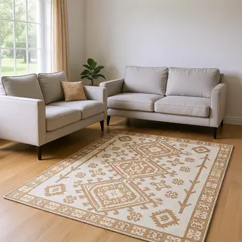 8' X 10' Burnt Sienna And Beige Geometric Washable Area Rug With UV Protection