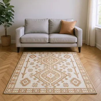 9' X 12' Burnt Sienna And Beige Geometric Washable Area Rug With UV Protection