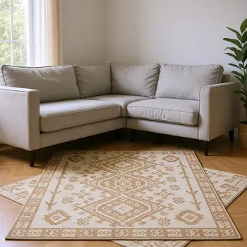 10' X 14' Burnt Sienna And Beige Geometric Washable Area Rug With UV Protection