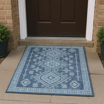3' X 5' Blue And Sky Blue Geometric Washable Area Rug With UV Protection