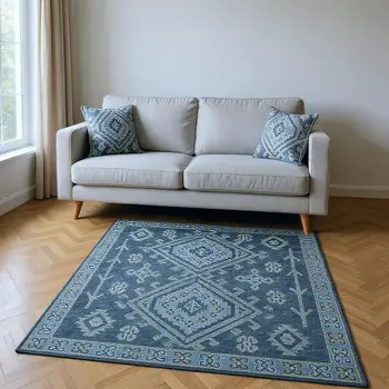 5' X 8' Blue And Sky Blue Geometric Washable Area Rug With UV Protection