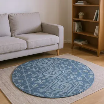8' Blue And Sky Blue Geometric Washable Round Rug With UV Protection
