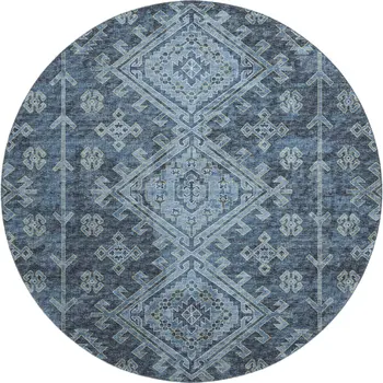 8' Blue And Sky Blue Geometric Washable Round Rug With UV Protection
