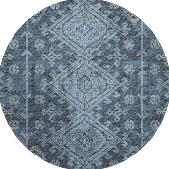 8' Blue And Sky Blue Geometric Washable Round Rug With UV Protection