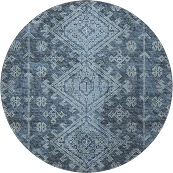 8' Blue And Sky Blue Geometric Washable Round Rug With UV Protection