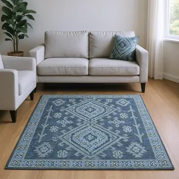 9' X 12' Blue And Sky Blue Geometric Washable Area Rug With UV Protection