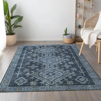 10' X 14' Blue And Sky Blue Geometric Washable Area Rug With UV Protection