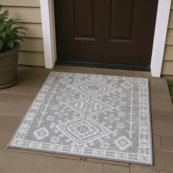 3' X 5' Ash Gray And Ivory Geometric Washable Area Rug With UV Protection