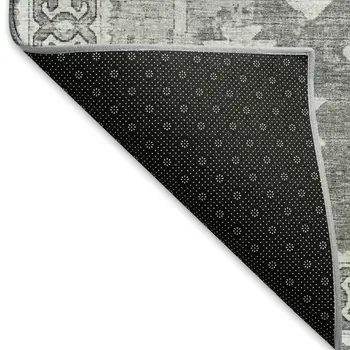 8' Ash Gray And Ivory Geometric Washable Round Rug With UV Protection