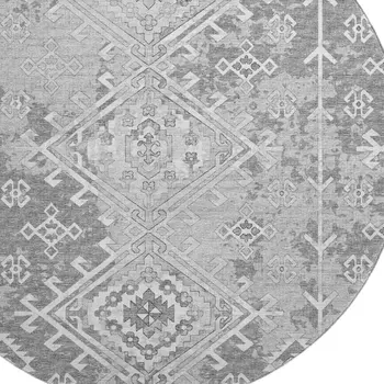 8' Ash Gray And Ivory Geometric Washable Round Rug With UV Protection