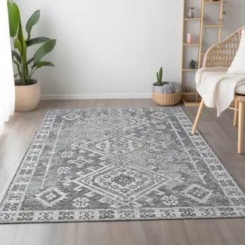 10' X 14' Ash Gray And Ivory Geometric Washable Area Rug With UV Protection
