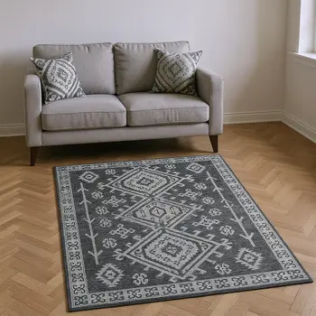 5' X 8' Graphite And Charcoal Geometric Washable Area Rug With UV Protection
