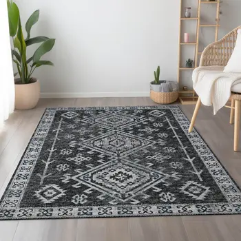 5' X 8' Graphite And Charcoal Geometric Washable Area Rug With UV Protection