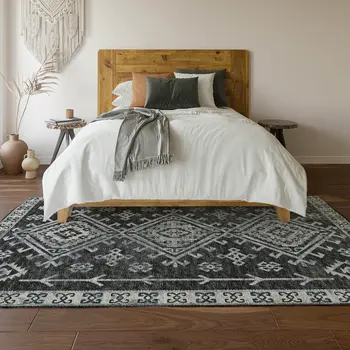 5' X 8' Graphite And Charcoal Geometric Washable Area Rug With UV Protection