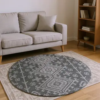 8' Graphite And Charcoal Geometric Washable Round Rug With UV Protection