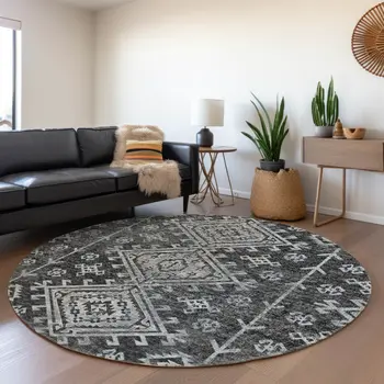8' Graphite And Charcoal Geometric Washable Round Rug With UV Protection