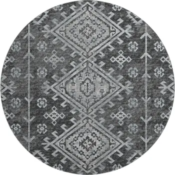 8' Graphite And Charcoal Geometric Washable Round Rug With UV Protection