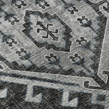 8' Graphite And Charcoal Geometric Washable Round Rug With UV Protection