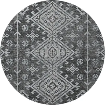 8' Graphite And Charcoal Geometric Washable Round Rug With UV Protection