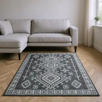 9' X 12' Graphite And Charcoal Geometric Washable Area Rug With UV Protection