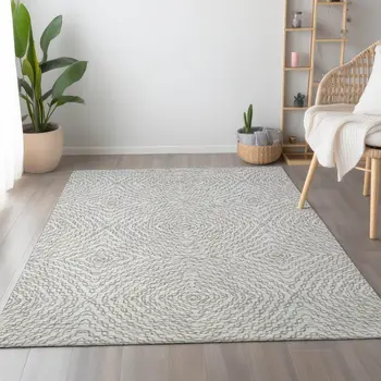 9' X 12' Linen And Ivory Geometric Washable Area Rug With UV Protection