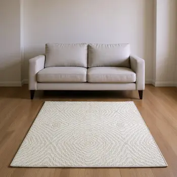 10' X 14' Linen And Ivory Geometric Washable Area Rug With UV Protection