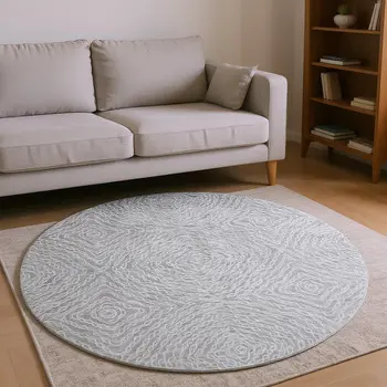 8' Ash Gray And Charcoal Geometric Washable Round Rug With UV Protection