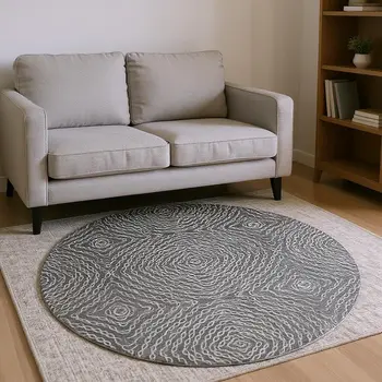 8' Graphite And Ivory Geometric Washable Round Rug With UV Protection