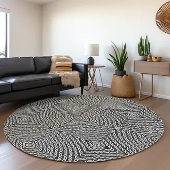 8' Graphite And Ivory Geometric Washable Round Rug With UV Protection