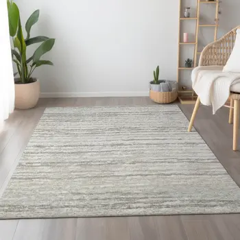 3' X 5' Khaki And Ivory Striped Washable Area Rug With UV Protection