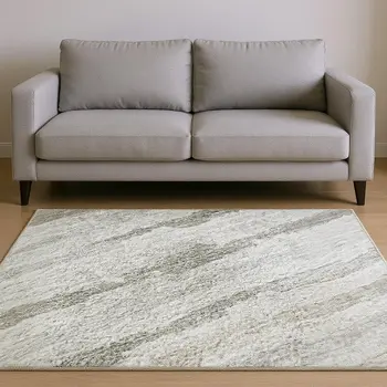 5' X 8' Khaki And Ivory Striped Washable Area Rug With UV Protection