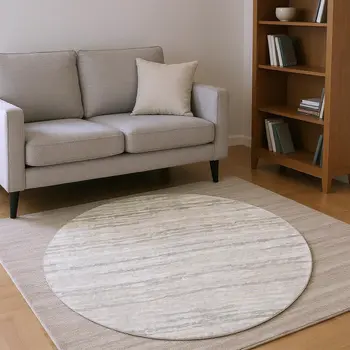 8' Khaki And Ivory Striped Washable Round Rug With UV Protection