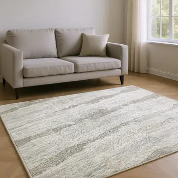 9' X 12' Khaki And Ivory Striped Washable Area Rug With UV Protection