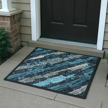 3' X 5' Persian Blue And Charcoal Striped Washable Area Rug With UV Protection